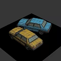 Two Vintage Blue and Yellow Cars Parked Side by Side with Classic Design