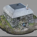 Traditional Stone Cottage Model With Slate Roof Blue Door Chimney And Greenery