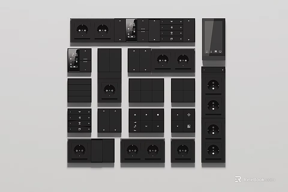 Black Modern Switch Panels With Various Electrical Switches And Socket Combinations 3d model 