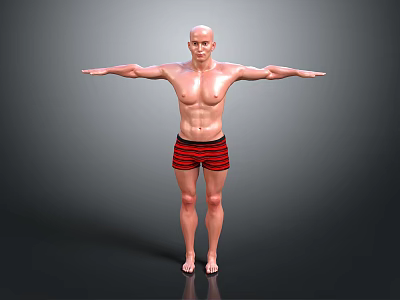 Bald Shirtless Man in Red Striped Shorts with Arms Outstretched Against Gray Background 3d model