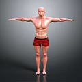 Bald Shirtless Man in Red Striped Shorts with Arms Outstretched Against Gray Background
