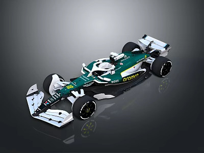 Green And White Formula 1 Race Car With Aerodynamic Body And Sponsor Logos 3d model