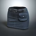 Dark Blue Denim Short Skirt With Belted Waist And Front Pocket Design