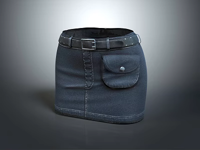 Dark Blue Denim Short Skirt With Belted Waist And Front Pocket Design 3d model