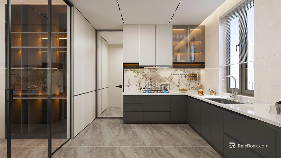 Modern Kitchen Interior With Glass Doors White Dark Gray Cabinets And Marble Countertop 3d model 