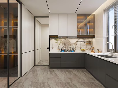 Modern Kitchen Interior With Glass Doors White Dark Gray Cabinets And Marble Countertop 3d model