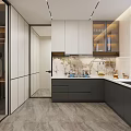 Modern Kitchen Interior With Glass Doors White Dark Gray Cabinets And Marble Countertop