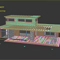 Modern Architectural Model With Orange Roof Wooden Structure Stone Walls Glass Windows And Platform