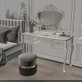Elegant White Dressing Table with Carved Mirror Stool and Decorative Flowers in Bedroom