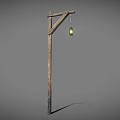 Rustic Wooden Cross Bracket With Hanging Lit Lantern And Metal Hook 3d model