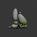 Small Orange Bird Perched On Artfully Stacked Greenish Stones Against Dark Background