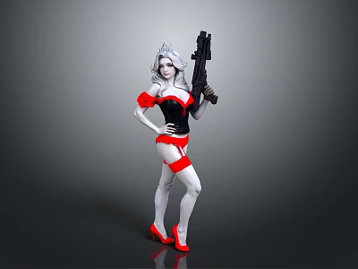 Silver Haired Woman In Black And Red Outfit With Red High Heels Holding Gun 3d model