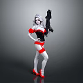 Silver Haired Woman In Black And Red Outfit With Red High Heels Holding Gun