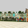 Playground Equipment With Colorful Circular Structures Slides Fences Lawn And Trees In Outdoor Setting