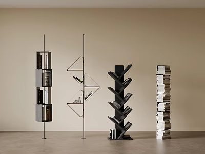 Various Modern Bookshelf Designs With Metal Glass And Stacked Book Elements 3d model