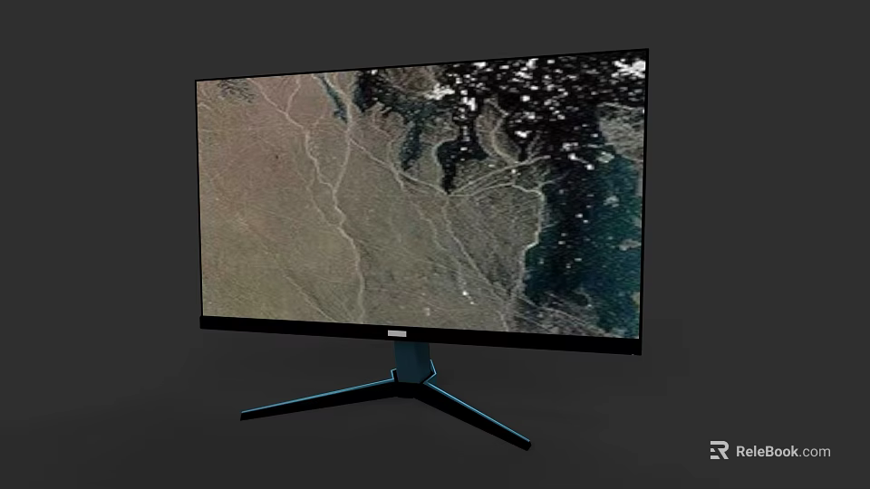 Modern Computer Monitor Featuring Satellite Map Display Black Frame And Blue Tripod Stand 3d model 