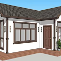 White Exterior Single Family House With Dark Roof Large Glass Door And Wooden Porch