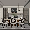 Modern Dining Room Interior With Wooden Table Chairs Pendant Lights And Wine Cabinet