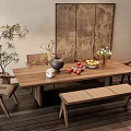 Wooden Dining Table Set with Chairs Bench Vase Fruits Plant and Large Framed Wall Art