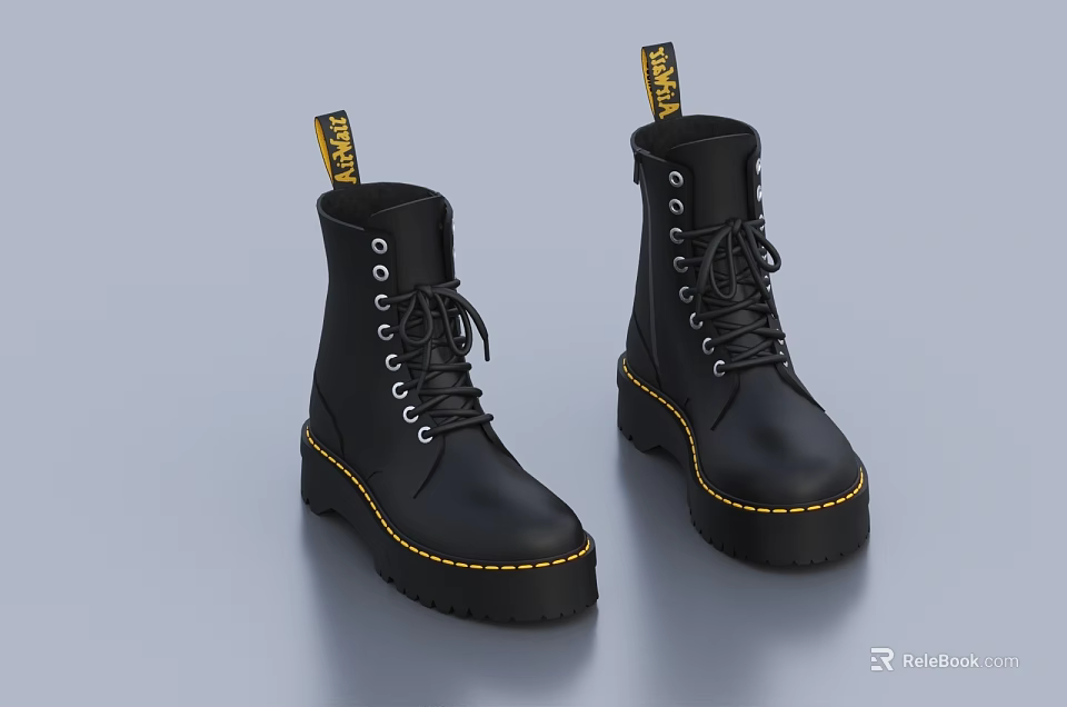 Black Lace Up Boots with Yellow Stitching and Thick Rubber Sole Fashionable Ankle Boot Design 3d model 