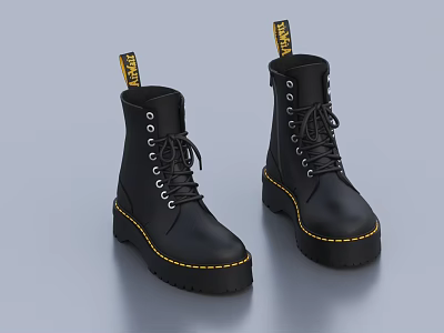 Black Lace Up Boots with Yellow Stitching and Thick Rubber Sole Fashionable Ankle Boot Design 3d model
