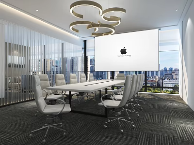 Modern Conference Room Setup With Large Table White Chairs Projection Screen Chandelier And City View 3d model