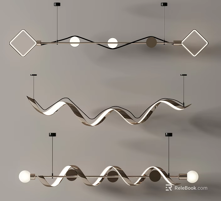 Modern Chandeliers With Wave Shapes And Geometric Frames For Interior Lighting 3d model 