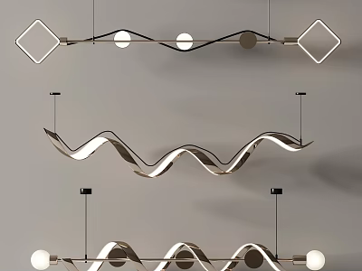 Modern Chandeliers With Wave Shapes And Geometric Frames For Interior Lighting 3d model