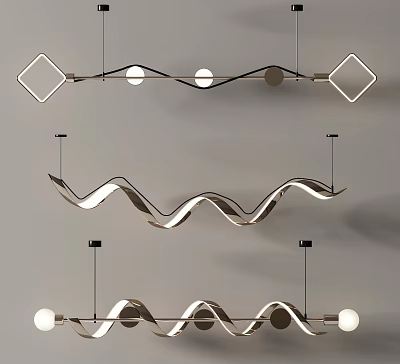 Modern Chandeliers With Wave Shapes And Geometric Frames For Interior Lighting 3d model
