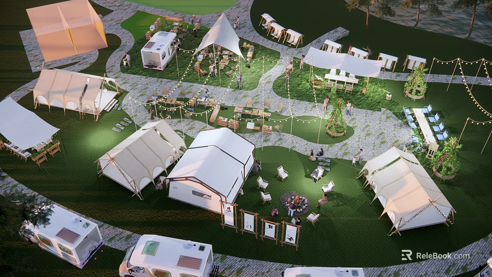 Scenic Outdoor Campsite with Tents RVs Seating Areas and Recreational Spaces 3d model 