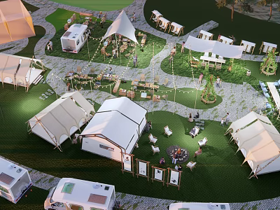 Scenic Outdoor Campsite with Tents RVs Seating Areas and Recreational Spaces 3d model