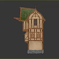 Cartoon Scene Featuring a Charming Fairy Tale Cottage with Green Sloped Roof and Wooden Frame