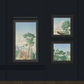 Landscape Paintings In Dark Frames Hung On Gray Wall With Trees And Scenic Elements 3d model