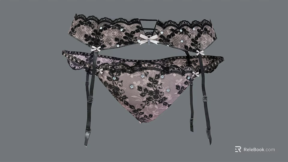Women's Black Lace Lingerie Set With Garter Belt Sheer Panties Bow Details And Floral Pattern 3d model 