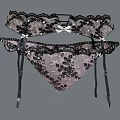 Women's Black Lace Lingerie Set With Garter Belt Sheer Panties Bow Details And Floral Pattern