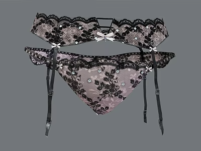 Women's Black Lace Lingerie Set With Garter Belt Sheer Panties Bow Details And Floral Pattern 3d model