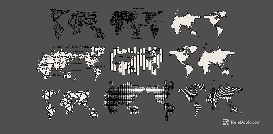 Black And White World Map Wall Decor With Geometric Abstract Patterns 3d model 