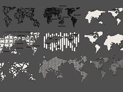 Black And White World Map Wall Decor With Geometric Abstract Patterns 3d model