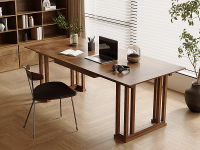 Cozy Home Office Workspace With Wooden Desk Laptop Headphones Black Chair Bookshelf And Potted Plant 3d model