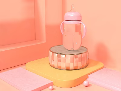 Pink Baby Bottle With Handles On Checkered Base And Soft Background 3d model