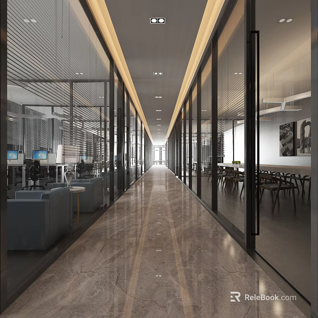Modern Office Corridor Design With Glass Partitions And Polished Marble Flooring 3d model 