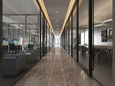 Modern Office Corridor Design With Glass Partitions And Polished Marble Flooring 3d model