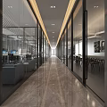 Modern Office Corridor Design With Glass Partitions And Polished Marble Flooring