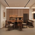 Modern Dining Room With Open Layout Wooden Table Bar Counter And Lighting