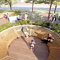 Outdoor Circular Chairs On Wooden Deck With Green Trees And People Relaxing