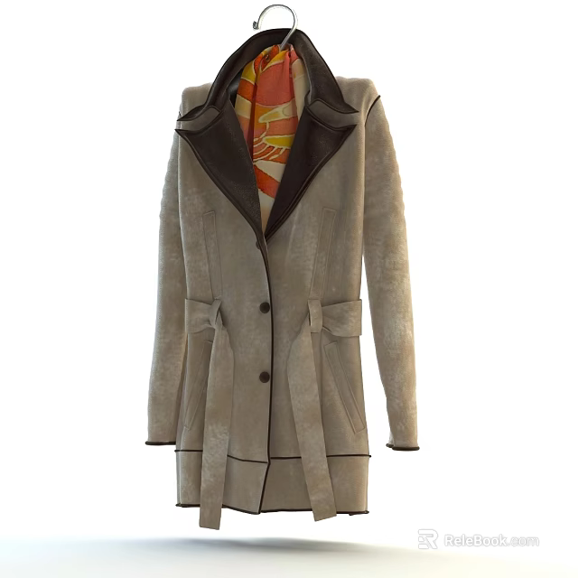 Stylish Gray Long Coat with Belted Waist and Dark Collar Detail Design 3d model 
