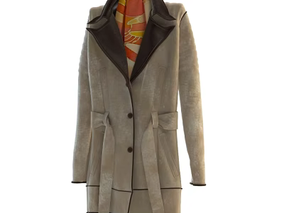 Stylish Gray Long Coat with Belted Waist and Dark Collar Detail Design 3d model
