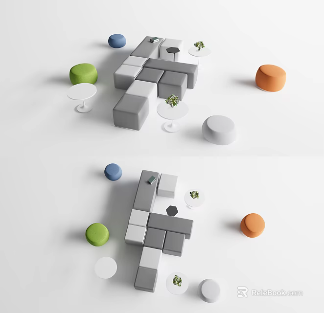 Modern Geometric Sofa And Coffee Table Set With Colorful Stools And Green Plants 3d model 