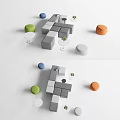 Modern Geometric Sofa And Coffee Table Set With Colorful Stools And Green Plants