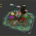 Small Island With Thatched Cottage Pine Trees Clouds Water Lily Pads And Wooden Bridge